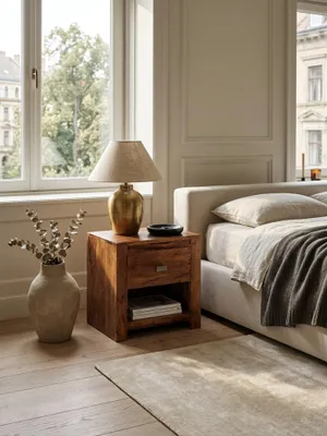 Produktbild von Nachttisch MUMBAI aus Sheesham Massiv-Holz 40 x 40 x 30 cm, Nacht-Kommode braun mit 1 Schublade und 1 Ablagefach, Nachtschrank Landhaus-Stil Echt-Holz