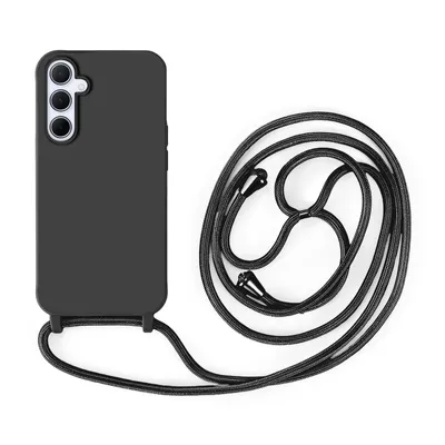 A black smartphone case with a black lanyard is shown against a white background.