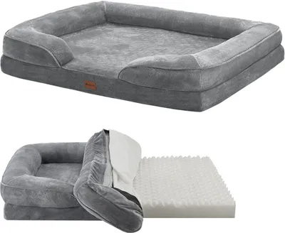 Produktbild von Juskys Hundebett Sheena XL orthopädisch, waschbar & rutschfest – 105 x 82 x 17 cm– Hundesofa flauschig große Hunde Grau – Haustierbett Hundesofa