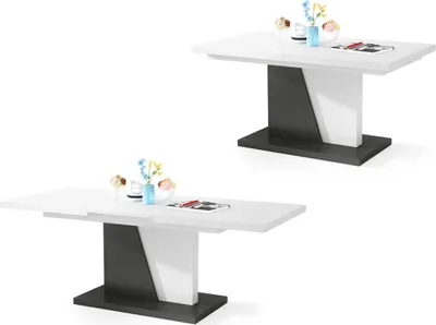 Two identical modern dining tables are shown against a white background.