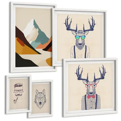 Produktbild von Bilder Set 5-teilig im weißen Rahmen – Wandbilder 5 Stück – gerahmte Poster für Wohnzimmer, Schlafzimmer und Flur – 50x50 cm - 40x60 cm – Strand, Leuchtturm, Berge, Wiesen, Blumen