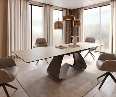 Produktbild von DELIFE Esstisch Edge 200-300x100 Keramik Laminam® Sabbia Eichefarbig W-Gestell Effektfinish Titan Ausziehbar