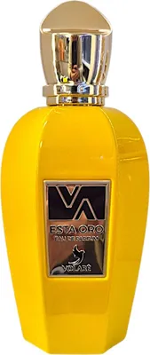 A studio shot of a yellow perfume bottle with a gold cap.