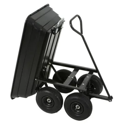 A black four-wheeled garden cart with a tilted bed, shown from a slightly elevated side angle against a white background.