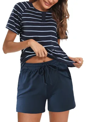Image de Pyjama d'été à rayures courtes pour femme, avec poche