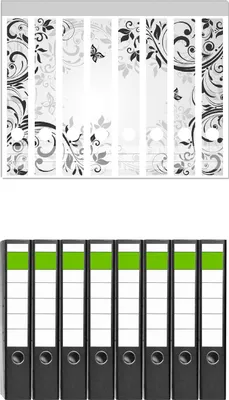 Produktbild von Wallario 8 Stück schmale Ordner inkl. Klebeetiketten mit Motive Schnörkelmuster mit Schmetterlingen -  Set mit Rückenschildern / Ordnerrücken Stickern