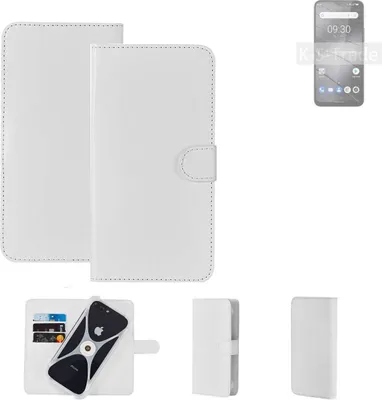 A white flip-style phone case is shown in multiple views, including open and closed.