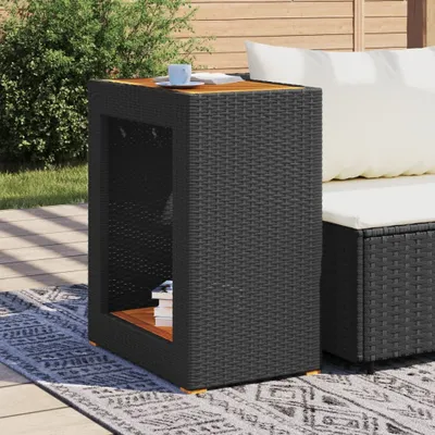 Produktbild von (Design 2026） Garten-Beistelltisch mit Holzplatte Schwarz Poly Rattan - HOMMIE 773180 - Gartentische