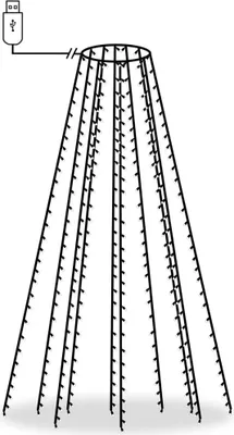 A line drawing of a cone-shaped string of lights with a USB connector.