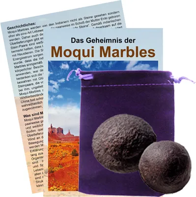 Produktbild von Moqui Marbles Paar ca. 3,5-4cm mit Zertifikat, deutschsprachigem Booklet Das Geheimnis der Moqui-Marbles und Stofftäschchen.
