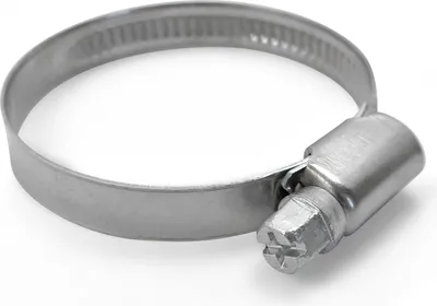 A metal hose clamp is shown against a white background.