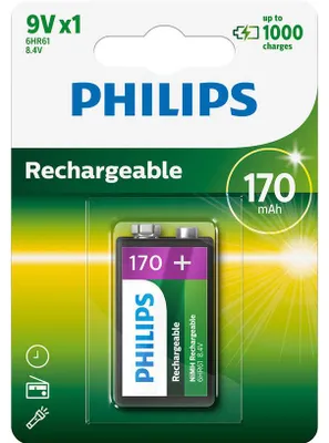 Obrázek produktu pro Philips Rechargeables Baterie 9VB1A17/10, Dobíjecí baterie, Nikl-metal hydridová (NiMH), 8,4 V, 170 mAh, 58 g, 94 x 130 x 25 mm