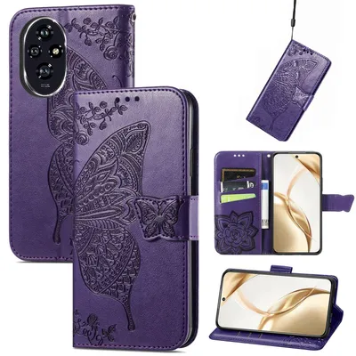 Immagine prodotto di Per Honor 200 Custodia a portafoglio in Pelle finta per cellulare Custodia con design a farfalla Custodie viola