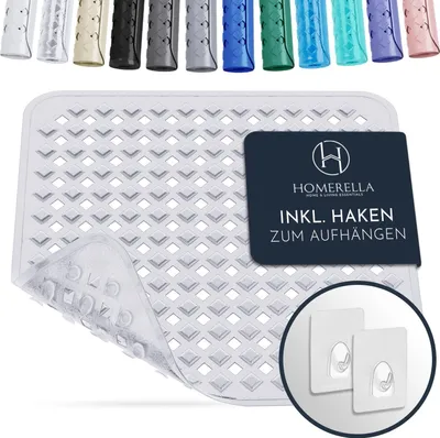 A white Homerella brand shower mat with a diamond pattern is shown on a white background. A dark blue rectangular overlay with the Homerella logo and German text is on the mat. Two white adhesive hooks are shown in a circular overlay at the bottom right.