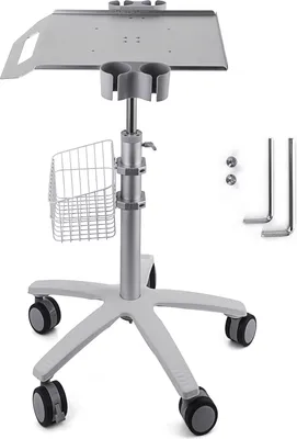 A medical cart with a tray, basket, and wheels, shown against a white background.
