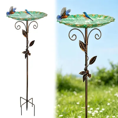 Zdjęcie produktu dla Kąpiel dla ptaków, stojąca, metalowa, w stylu vintage, 77 cm, z kołkiem do wbicia w ziemię, odporna na mróz, dekoracja ogrodu