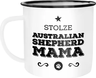 Produktbild von Emaille Tasse Becher Stolze Hunde-Mama Hunde Besitzerin Hundebesitzer Rassen Kaffeetasse Moonworks® Australian Shepherd weiß-schwarz unisize