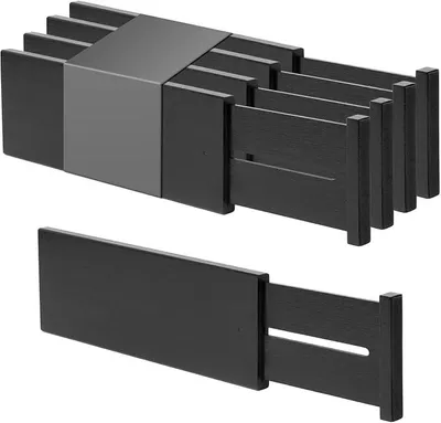 Produktbild von PolkaHome® Bambus Schubladen-Organizer, 10,1 cm hoch, 4er Set, Schwarz – Verstellbare Schubladeneinsätze für Küche, Bad & Schlafzimmer