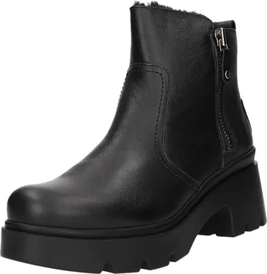 A black leather ankle boot with a thick platform sole and a side zipper.