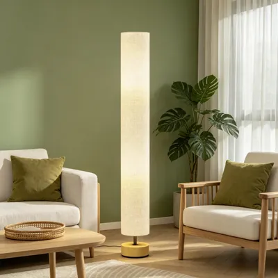 Produktbild von Wohnzimmer-Stehlampe, Leinen-Lampenschirm, Fußschalter, 2 × E27, Höhe 120 cm