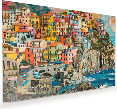 Produktbild von Glasbild 90x60cm in XXL für Wohnzimmer, Schlafzimmer Motiv Bunte Küstenstadt
