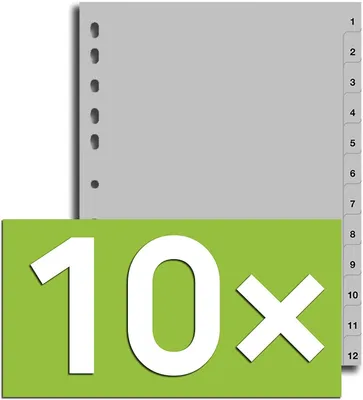 Register für DIN A4, 1-12, 10 Stück, grau