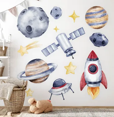 Produktbild von Weltraumplaneten – Wandgestaltung – Wandbilder Kinder – Motivtapeten Set – Wanddekor Kinderzimmer – Selbstklebende Wandsticker – 80x117 cm
