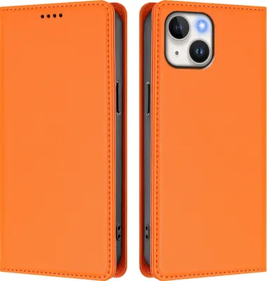 Produktbild von Handyhülle für iPhone 14/iPhone 13, Kunstleder Klapphülle Stoßfeste Magnetische Hülle mit Ständer Orange