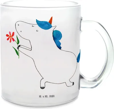 Produktbild von Mr. & Mrs. Panda Häferl Einhorn Blume - Transparent - Geschenk, Unicorn, Pärchen, Teeglas, Heiratsantrag, Einhörner, Freundin, Pott, Trinkglas, Liebe, Teetasse, Tee Tasse