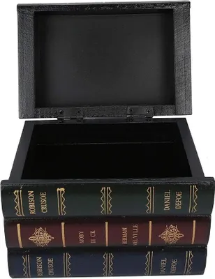 Produktbild von Aufbewahrungsbox aus Holz im Vintage-Stil in Buchform für Schmuck, Bürobedarf oder als Bibliotheksdekoration.