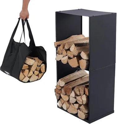 Produktbild von Kaminholzregal + Tragetasche - Innen & Außen - Feuerholzregal - Kaminholzständer - Brennholzregal - Schwarz - Metall (40x28x80cm)