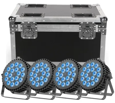 Produktbild von LED-PAR-Scheinwerfer - DMX-Bühnenlicht - 4er-Set - 200 W - 18×10 W RGBWA+UV-LEDs - Flightcase - EU-Stecker