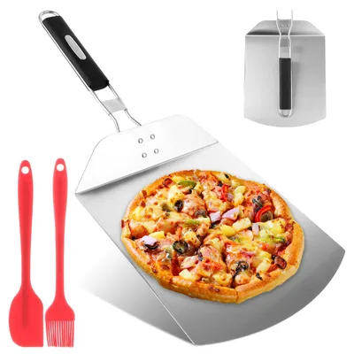 Produktbild von Pizzaschieber aus Edelstahl, 24 x 24 cm, mit klappbarem Griff.