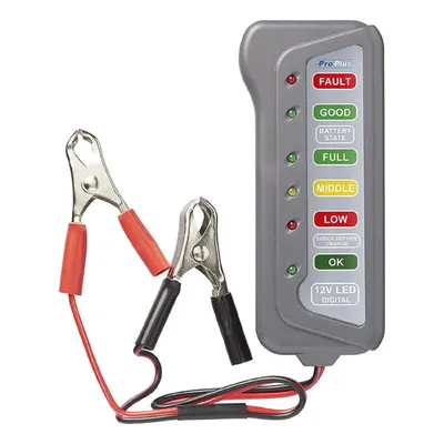 A 12V LED digital battery tester with alligator clips.