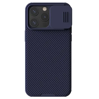 A dark blue iPhone case with a camera cover is shown against a white background.
