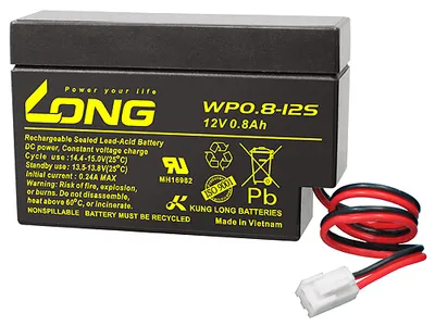 Zdjęcie produktu dla Akumulator ołowiowy Kung Long WP0.8-12, 12 V, 0,8 Ah ze złączem JST
