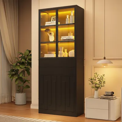 Immagine prodotto di Vetrina Merax con illuminazione LED controllabile tramite app, mobiletto vetrina con 4 ante e 2 cassetti, vetrina in vetro temperato, 7 scomparti, colore nero