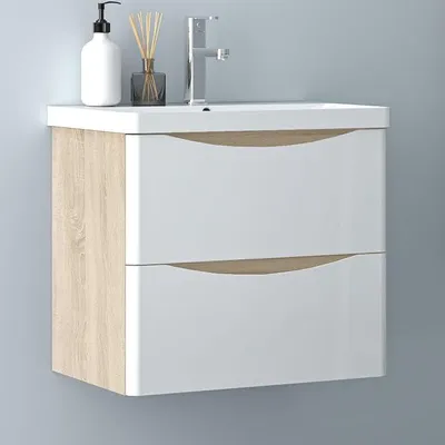 Produktbild von Eiche Weiß Badezimmerschrank 60cm Mineralgusswaschbecken mit Unterschrank Badmöbel-Set 2 Soft-Close Schubladen Hängend