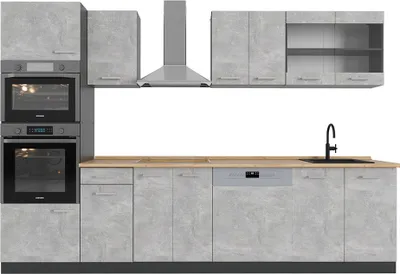 A modern kitchen unit with cabinets, ovens, a dishwasher, and a sink.