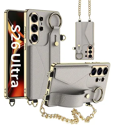 Image de Étui de téléphone portable avec bracelet pour Samsung Galaxy S26 Ultra, fin, en cuir et TPU, gris