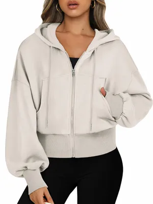 Immagine prodotto di Giacca sportiva da donna - Felpa con cappuccio - Giacca corta con zip - Maniche lunghe - Chiusura a zip corta - Con tasche