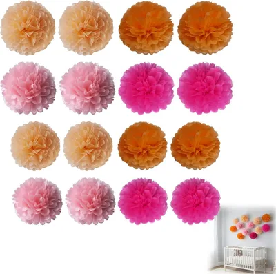 Obrázek produktu pro Sada papírových pomponů, 16 kusů, růžová a oranžová, průměr 20 cm a 25 cm, dekorace na oslavy