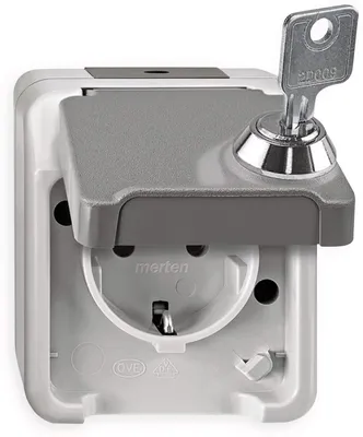 Image de Merten MEG2422-8029. type de prise : CEE 7/3, types de fiches supportés : CEE 7/4. couleur du produit : gris, classe de protection internationale (code IP) : IP44. Tension d'entrée : 250 V, intensité (maximale) : 16 A. Largeur : 73 mm, Profondeur : 70 mm, Hauteur : 83 mm (MEG2422-8029)