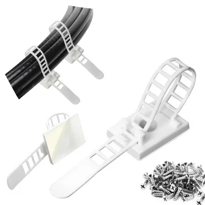 Produktbild von 100 Weiße Klebe-Kabelclips - Verstellbare Wiederverwendbare Kabelbinder mit Schraubbefestigung