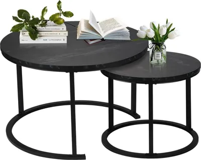 Produktbild von Moderner Runder Couchtisch 2er Set wasserdicht mit Metallrahmen Marmoroptik