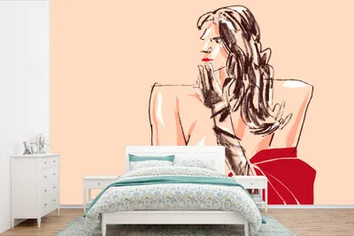 Produktbild von MuchoWow® Fototapete für Wohnzimmer oder Schlafzimmer Wandtapete Vinyl Motivtapete Frau - Porträt - Pastell - Rot - 600x400 cm - Vinyltapeten