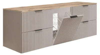 Produktbild von Hängender Waschbeckenunterschrank mit Wäschekorb, Eiche Nussbaum, Griffe Gold, 160 x 46 x 57 cm, KI-generiertes Bild