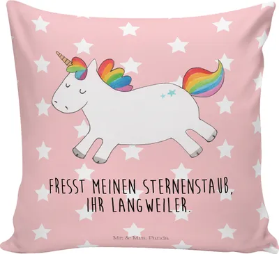 Produktbild von Mr. & Mrs. Panda Deko Kissen Einhorn Happy - Rot Pastell - Geschenk, Unicorn, 40x40, Lebensfreude, Einhörner, für sofa, Spaß, kuschelkissen, bedruckt, Dekokissen