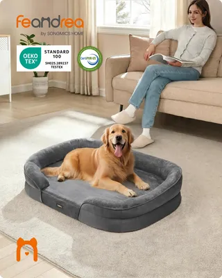 Produktbild von FEANDREA Hundebett, Hundekissen, wasserdichte Innenschicht, erhöhte Ränder, abnehmbarer, waschbarer Bezug, Grau