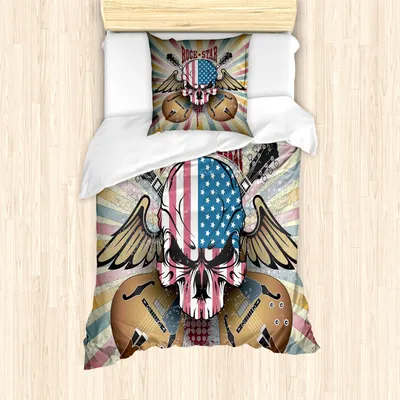 Produktbild von ABAKUHAUS Gitarre Mantele, Verärgerte Schädel Amerika-Flagge, Milbensicher Allergiker geeignet mit Kissenbezügen, 135 cm x 200 cm - 80 x 80 cm, Mehrfarbig